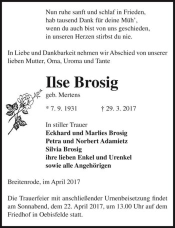 Traueranzeige von Ilse Brosig (geb. Mertens)  von Magdeburger Volksstimme