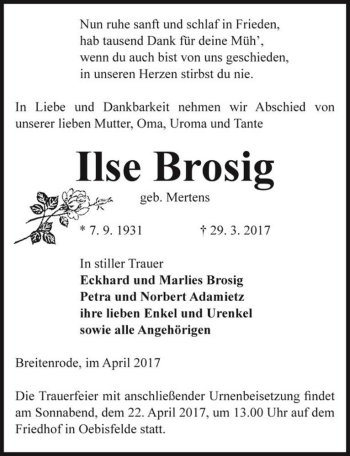 Traueranzeige von Ilse Brosig (geb. Mertens)  von Magdeburger Volksstimme