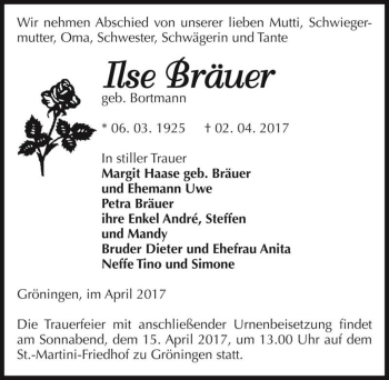 Traueranzeige von Ilse Bräuer (geb. Bortmann)  von Magdeburger Volksstimme