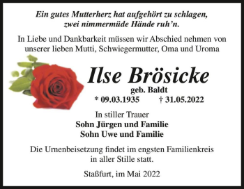 Traueranzeige von Ilse Brösicke (geb. Baldt)  von Magdeburger Volksstimme
