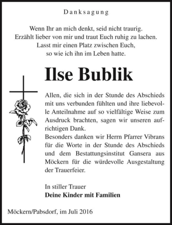 Traueranzeige von Ilse Bublik  von Magdeburger Volksstimme