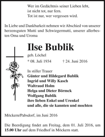 Traueranzeige von Ilse Bublik (geb. Löchel)  von Magdeburger Volksstimme