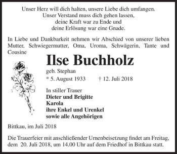 Traueranzeige von Ilse Buchholz (geb. Stephan)  von Magdeburger Volksstimme