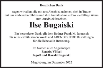 Traueranzeige von Ilse Bugaiski  von Magdeburger Volksstimme