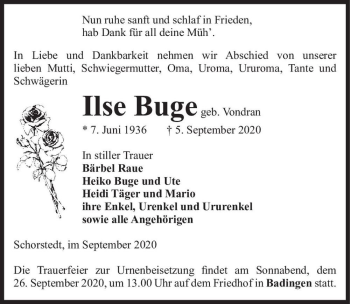 Traueranzeige von Ilse Buge (geb. Vondram)  von Magdeburger Volksstimme