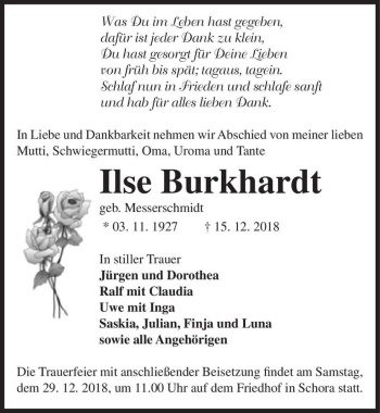 Traueranzeige von Ilse Burkhardt (geb. Messerschmidt)  von Magdeburger Volksstimme