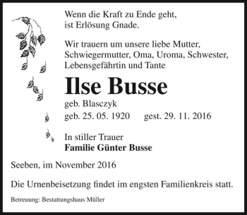 Traueranzeige von Ilse Busse (geb. Blasczyk)  von Magdeburger Volksstimme