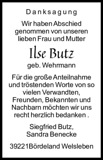 Traueranzeige von Ilse Butz (geb. Wehrmann)  von Magdeburger Volksstimme