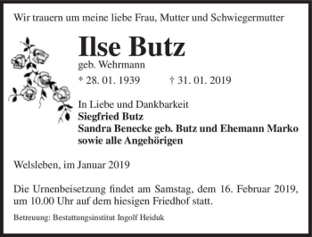 Traueranzeige von Ilse Butz (geb. Wehrmann)  von Magdeburger Volksstimme
