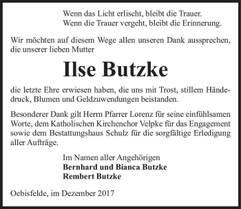Traueranzeige von Ilse Butzke  von Magdeburger Volksstimme