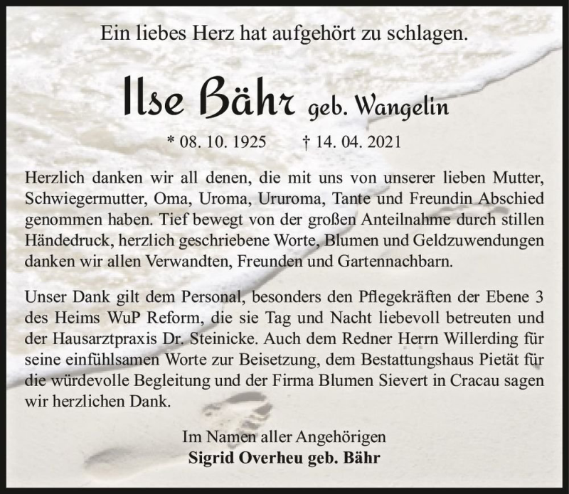  Traueranzeige für Ilse Bähr (geb. Wangelin)  vom 22.05.2021 aus Magdeburger Volksstimme