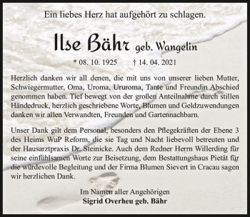 Traueranzeige von Ilse Bähr (geb. Wangelin)  von Magdeburger Volksstimme