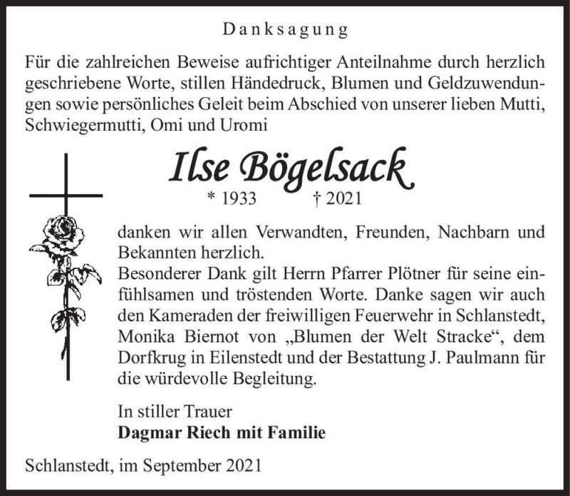  Traueranzeige für Ilse Bögelsack  vom 02.10.2021 aus Magdeburger Volksstimme