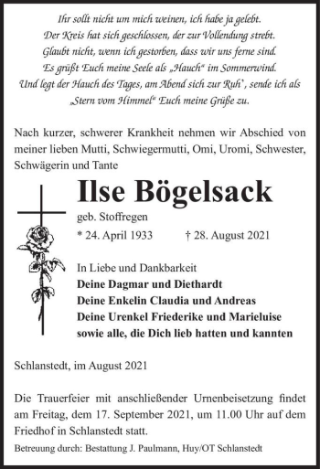 Traueranzeige von Ilse Bögelsack (geb. Stoffregen)  von Magdeburger Volksstimme