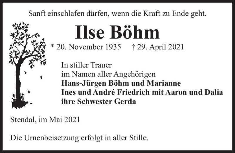  Traueranzeige für Ilse Böhm  vom 11.05.2021 aus Magdeburger Volksstimme