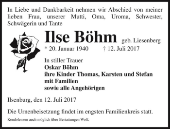 Traueranzeige von Ilse Böhm (geb. Liesenberg)  von Magdeburger Volksstimme