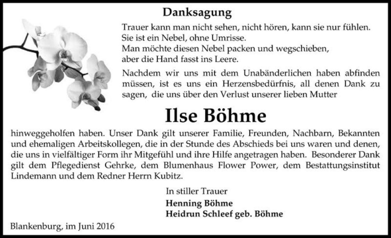  Traueranzeige für Ilse Böhme  vom 02.07.2016 aus Magdeburger Volksstimme