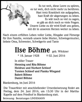 Traueranzeige von Ilse Böhme (geb. Wöckner)  von Magdeburger Volksstimme