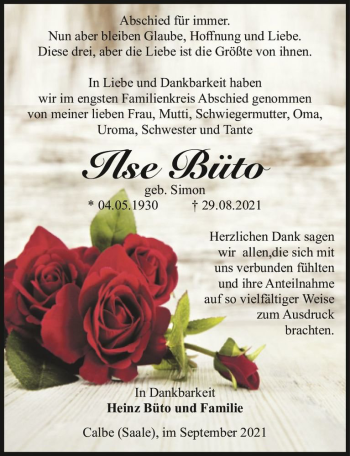 Traueranzeige von Ilse Büto (geb. Simon)  von Magdeburger Volksstimme