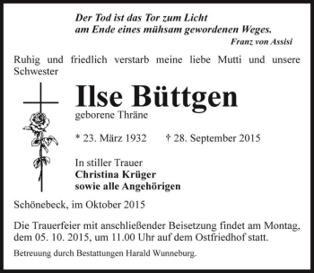 Traueranzeige von Ilse Büttgen (geb. Thräne)  von Magdeburger Volksstimme