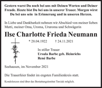 Traueranzeige von Ilse Charlotte Frieda Neumann  von Magdeburger Volksstimme