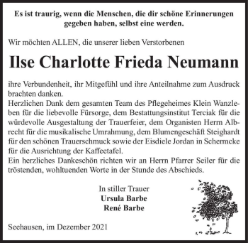 Traueranzeige von Ilse Charlotte Frieda Neumann  von Magdeburger Volksstimme