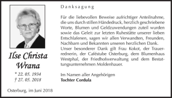 Traueranzeige von Ilse Christa Wrana  von Magdeburger Volksstimme