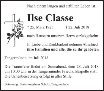 Traueranzeige von Ilse Classe  von Magdeburger Volksstimme