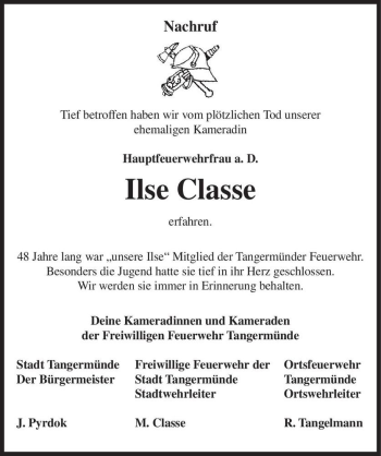 Traueranzeige von Ilse Classe  von Magdeburger Volksstimme