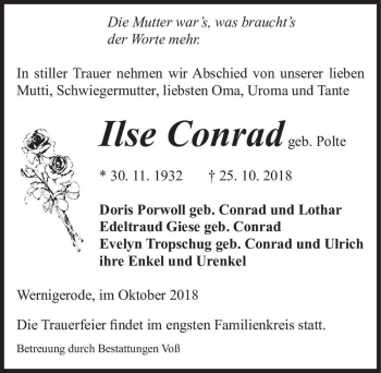 Traueranzeige von Ilse Conrad (geb. Polte)  von Magdeburger Volksstimme