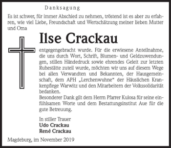 Traueranzeige von Ilse Crakau  von Magdeburger Volksstimme