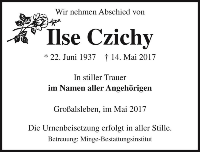  Traueranzeige für Ilse Czichy  vom 17.05.2017 aus Magdeburger Volksstimme