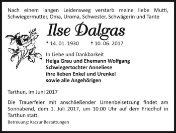 Traueranzeige von Ilse Dalgas  von Magdeburger Volksstimme