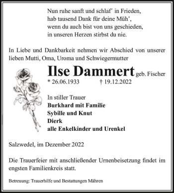 Traueranzeige von Ilse Dammert (geb. Fischer)  von Magdeburger Volksstimme