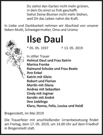Traueranzeige von Ilse Daul  von Magdeburger Volksstimme