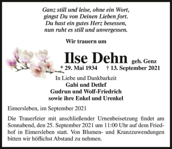 Traueranzeige von Ilse Dehn (geb. Genz)  von Magdeburger Volksstimme