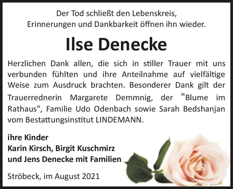  Traueranzeige für Ilse Denecke  vom 28.08.2021 aus Magdeburger Volksstimme