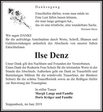 Traueranzeige von Ilse Denz  von Magdeburger Volksstimme