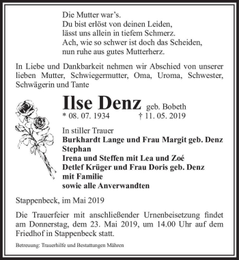 Traueranzeige von Ilse Denz (geb. Bobeth)  von Magdeburger Volksstimme