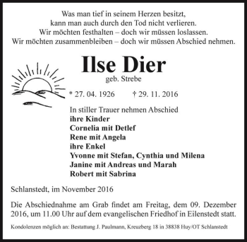 Traueranzeige von Ilse Dier (geb. Strebe)  von Magdeburger Volksstimme