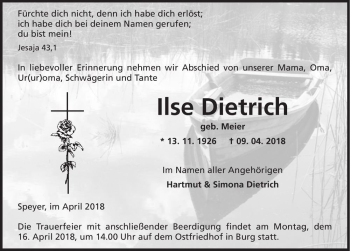 Traueranzeige von Ilse Dietrich (geb. Meier)  von Magdeburger Volksstimme