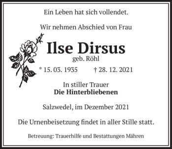 Traueranzeige von Ilse Dirsus (geb. Röhl)  von Magdeburger Volksstimme