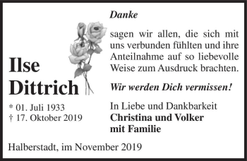 Traueranzeige von Ilse Dittrich  von Magdeburger Volksstimme