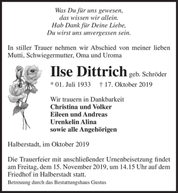 Traueranzeige von Ilse Dittrich (geb. Schröder)  von Magdeburger Volksstimme