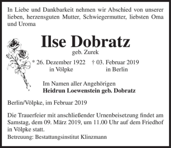 Traueranzeige von Ilse Dobratz (geb. Zurek)  von Magdeburger Volksstimme