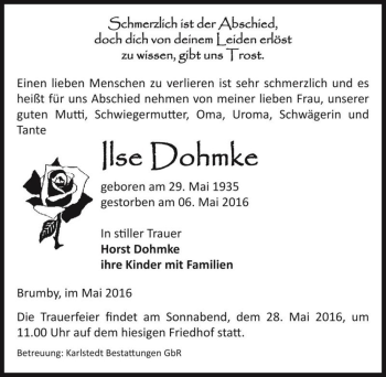Traueranzeige von Ilse Dohmke  von Magdeburger Volksstimme
