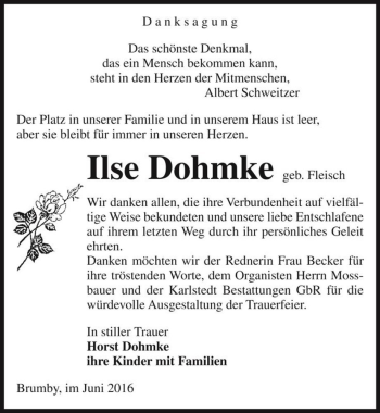 Traueranzeige von Ilse Dohmke (geb. Fleisch)  von Magdeburger Volksstimme