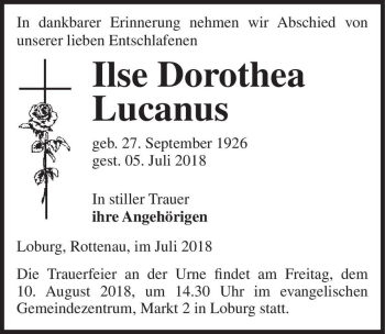 Traueranzeige von Ilse Dorothea Lucanus  von Magdeburger Volksstimme