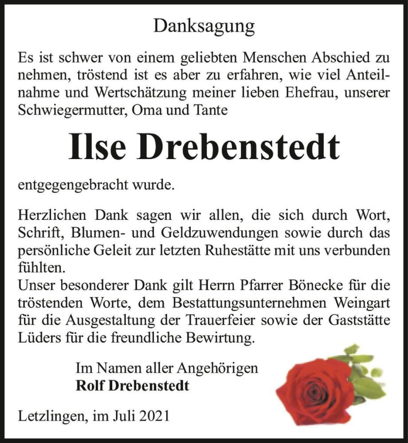  Traueranzeige für Ilse Drebenstedt  vom 10.07.2021 aus Magdeburger Volksstimme