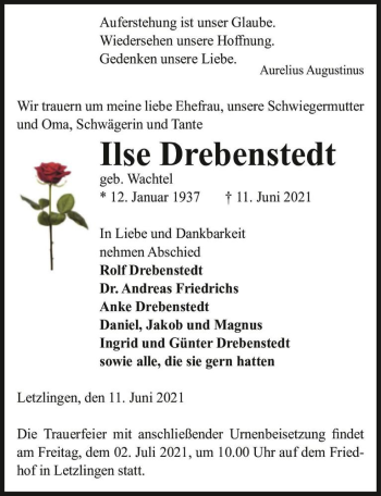 Traueranzeige von Ilse Drebenstedt (geb. Wachtel)  von Magdeburger Volksstimme